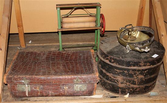 Crocodile suitcase, hat tin, toy mangle etc